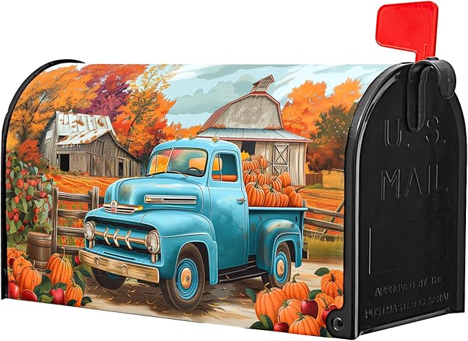 Kawani Fall Mailbox Cover - Autumn Harvest Thanksgiving Pumpkin Farm Truck Magnetic Standard Size 25.5x21 Inch Rustic Waterproof Post Box Wrap Garden Yard Decor for Outdoor