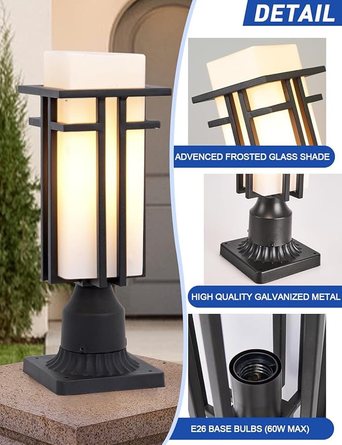 Outdoor Post Lights Waterproof Metal Frame with Milk White Frosted Glass Pier Mount Outdoor Lighting Fixtures(with 3-Inch Pier Mount Base) Pillar Light Post Lantern for Garden Backyard and Porch