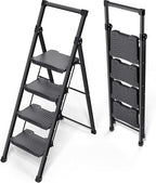 KINGRACK Step Ladder 4 Step Folding, 900lbs 4 Step Ladder with Anti-Slip Wide Pedal and Handrails, Lightwight Household Ladder, Pass 900LBS Testing, for Your Kitchen, Pantry, Closets, Office Use