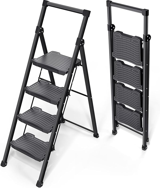 KINGRACK Step Ladder 4 Step Folding, 900lbs 4 Step Ladder with Anti-Slip Wide Pedal and Handrails, Lightwight Household Ladder, Pass 900LBS Testing, for Your Kitchen, Pantry, Closets, Office Use