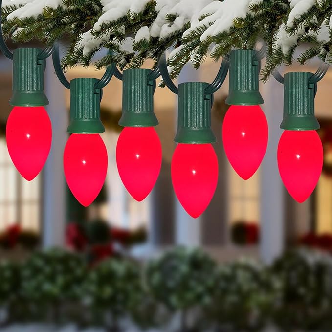 C7 Red Valentines Christmas Replacement Bulbs, 25 Pack C7 Incandescent Light Bulbs Vintage Ceramic Red Light Bulbs for Christmas String Lights Valentines Decor, E12 Candelabra Base, 5 Watts