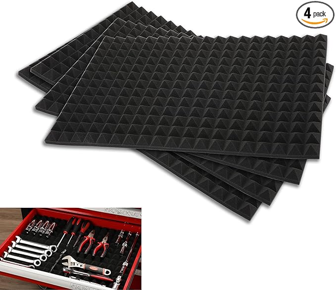 AIRTOON 4PCS Trap Mat Universal Tool Drawer Liners, Heavy Duty Toolbox Drawer Liners, Rolling Tool Chest Liner Foam, Non-Slip Organizer Liner for Toolbox, Cart, Work Bench, 23.62 x 15.75 Inches