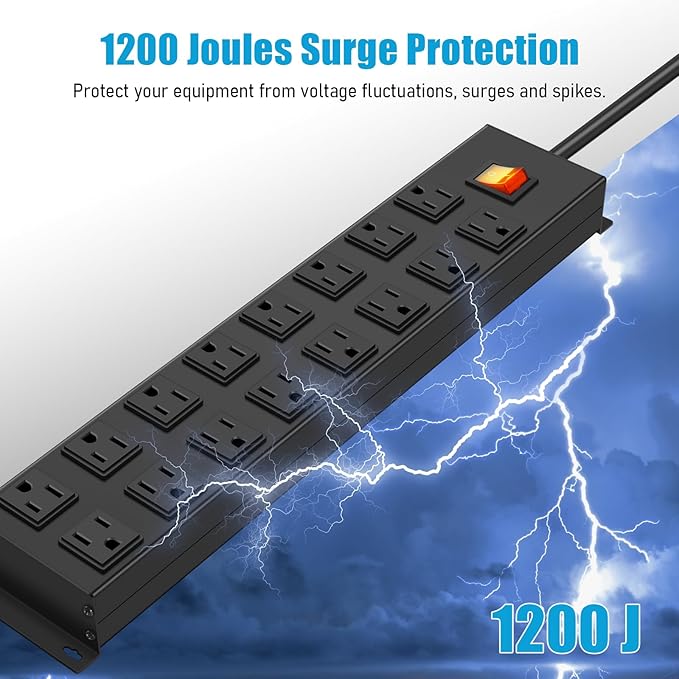 HHSOET Metal 16 Outlet Mountable Power Strip, Wall Mount Garage Workbench Socket, Gaming Table Surge Protector with 6 FT Power Cord.(Black)