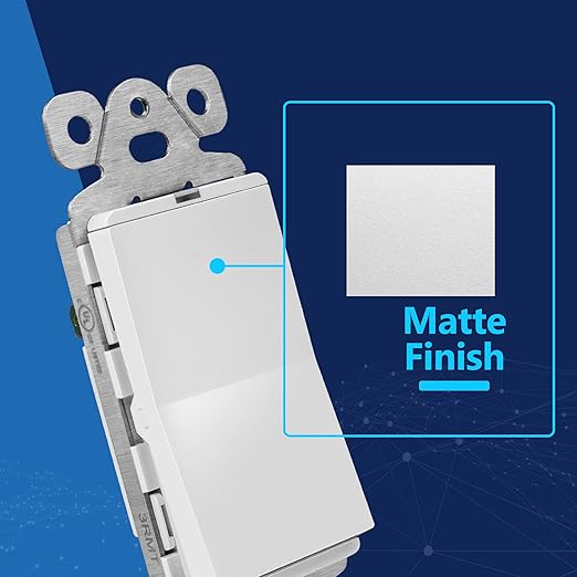 LIDER Minimalist Design Matte Finish Lighted Decorator Switch with Wall Plate, Frameless Paddle Light Switch with Locator Light, Single Pole, Grounding Screw, 15A 125V, UL Listed, White, 10 Pack
