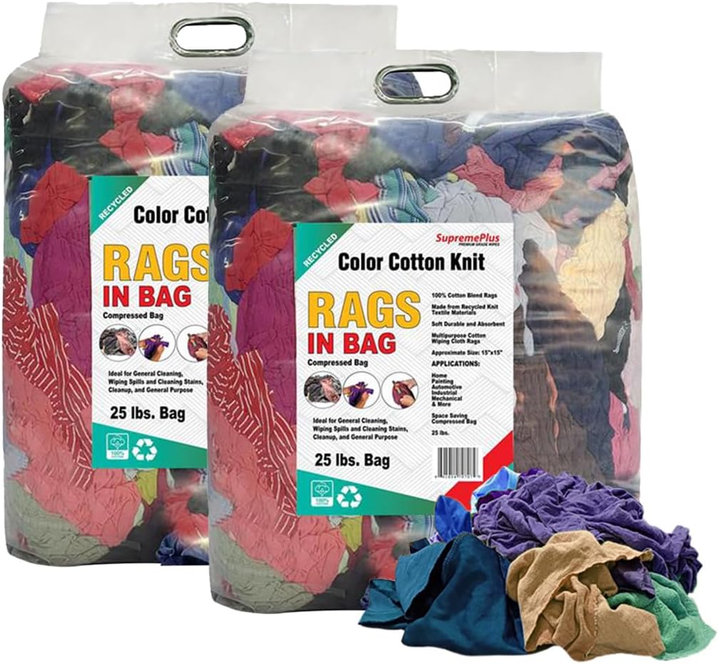 Color T-Shirt Rags (2x25 lbs. Bag) – Shop Cloths Bulk for Workshops, Mechanics, Painters, and Home Use, Multipurpose Cotton T-Shirt Rags