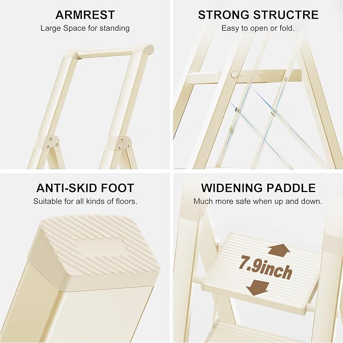 GameGem 4 Step Ladder Folding Step Stool Stepladders with Anti-Slip and Wide Pedal for Home and Kitchen Use Space Saving (White)