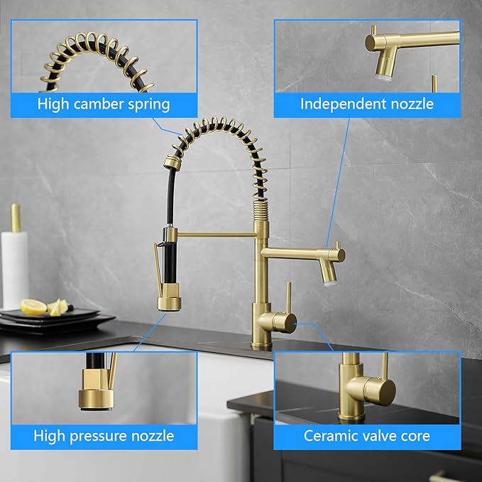Gold Kitchen Faucet with Sprayer AIMADI,Modern Single Handle Spring Gold Kitchen Sink Faucet