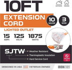 Iron Forge Cable 10 Gauge 10ft Lighted Outdoor Heavy Duty Extension Cord with 3 Outlets - 15 Amp 10/3 SJTW Orange Extension Cord with Multiple Outlets