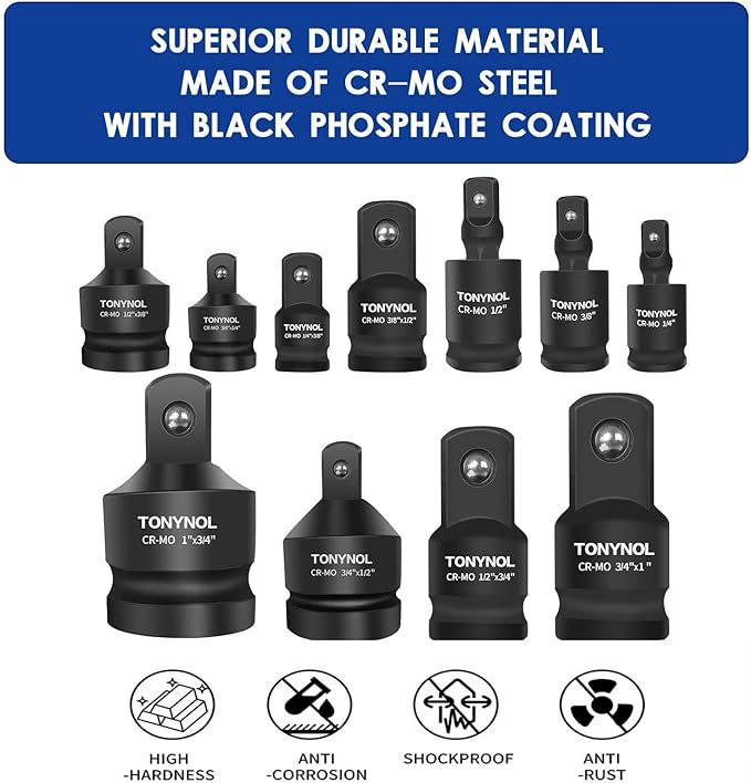 11pcs Impact Adapter and Reducer Set and Universal Joint Swivel Socket Adapter Set, 1/4" 3/8" 1/2" 3/4" 1" Drive Socket Adapter Set, Cr-Mo Steel,With a Storage Case.
