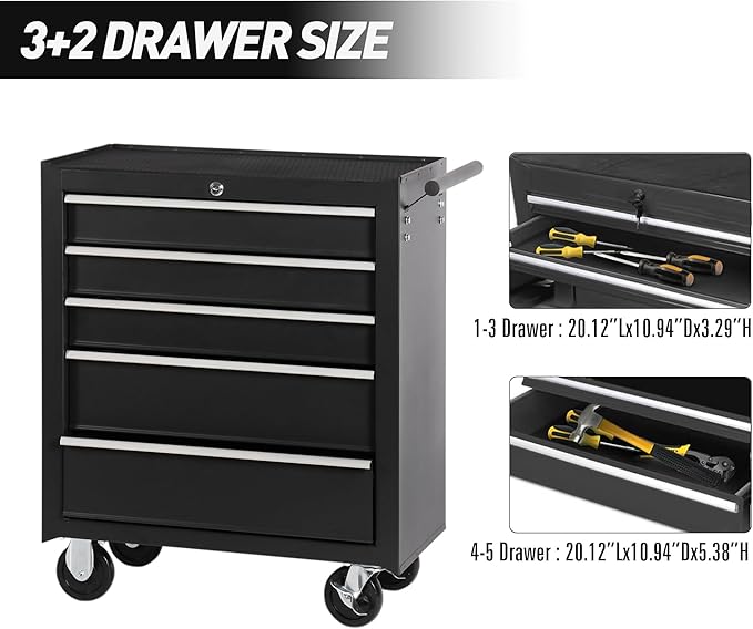 5 Drawers Metal Rolling Tool Chest on Wheels, Lock Tool Box Tool Organizer Cart, Multifunctional Drawers Rolling Tool Trolley Storage Cabinet for Garage,Warehouse,Workshop,Repair Shop(BLACK)