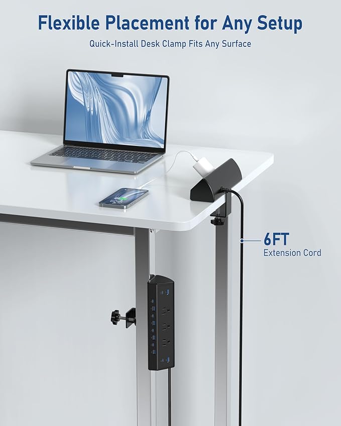 Jgstkcity 130W Desk Clamp Power Strip, 12 USB Ports (6 PD 65W USB-C),Surge Protector,ETL Listed Power Hub Extension Cord,Fast Charging Station for Home Office Desk Edge Mount (Black, 12 USB-130W)