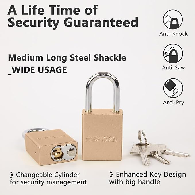 SEPOX® Ultra-Durable Anti-Rust Outdoor Padlock - Gold Aluminum 38mm 1-1/2" with Long Shackle & 3 Big Keys Ideal for Gate, Storage, Locker, Fence & Lock-Out, High Security