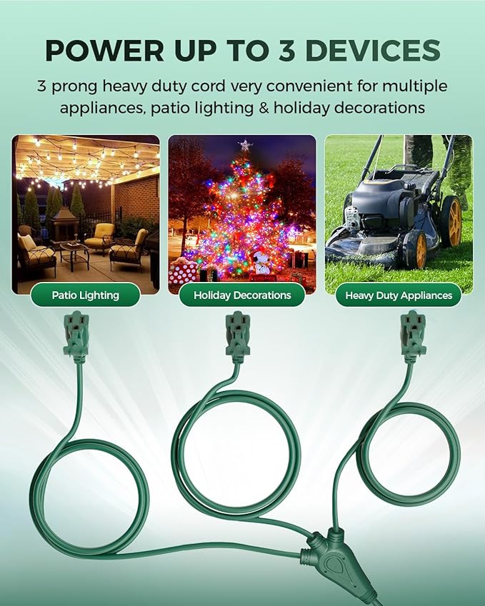 28Ft Outdoor Extension Cord, 1 to 3 Splitter Heavy Duty Weatherproof Power Cord, 16/3 SJTW, 3 Grounded Outlets Flat Plug for Patio, Garden, Halloween Displays, Christmas Lights, Green ﻿