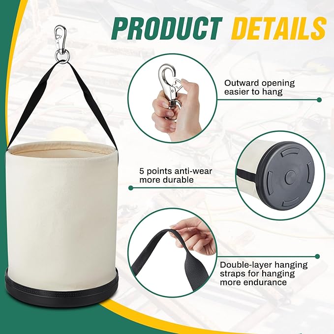 4 Pack Utility Canvas Tool Bucket 15" x 12" All Purpose Canvas Bucket Bag, Truck Tool Organizer with Plastic Bottom Metal Hook for Store Work Accessory, Load Capacity up to 150 Lbs (White)