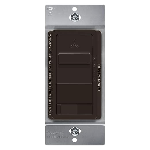 TOPGREENER Kalide Light Switch and 3-Speed Ceiling Fan Control Combo, in Wall Light and Fan Combination Switch, Single Pole, 2.5A, 720W, Neutral Wire Not Required, TGSFS3-BR, Brown