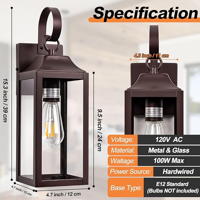 2 Pack Outdoor Light Fixtures, 15 Inch Oil Rubbed Bronze Exterior Wall Sconces Waterproof, Large Outside Lights for House, Modern Wall Lanterns Clear Glass