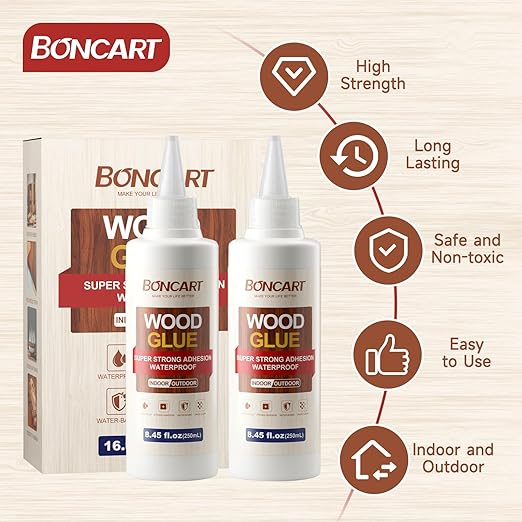 Wood Glue, 8.45fl.oz Super Strong Adhesion Wood Glue for Furniture Heavy Duty, Clear After Drying, Waterproof, for Woodworking, Crafts, Repair, Furniture Assembly (2 Pack)