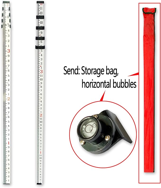Grade Rod，16-Foot Aluminum Grade Rod - 10ths，Grade Stick,Grade Stick for Laser Level，Survey Rod，Grade Rods，Survey Pole，With Bubble Level, 5-Stage Telescopic，Double-Sided Scale Telescopic Leveling Rod