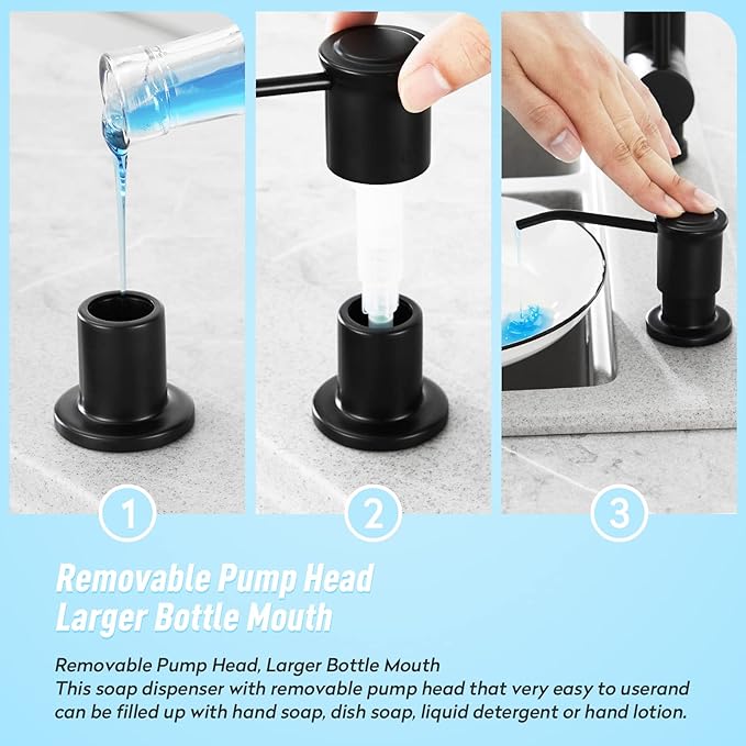 CREA Kitchen Soap Dispenser Countertop Soap Dispenserfor Kitchen Sink Black Built in Sink Soap Dispenser Top Fill Deck Mount Dispenser for Bathroom with 39" Tube Large Capacity 17 OZ Bottle