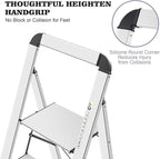 KINGRACK Aluminium 4 Step Ladder, Lightweight Step Stool with Non-Slip Pedals, Handrail, Foldable Step Ladder for Kitchen, Garage, Home, Space Saving, Sturdy and Portable, Silver