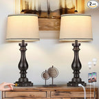 27.5" Farmhouse Table Lamp for Living Room Set of 2,Vintage Bedside Nightstand Lamps with USB C+A Ports & AC Outlet,3-Way Dimmable Touch Control Retro Black Desk Lamp for Bedroom,Black