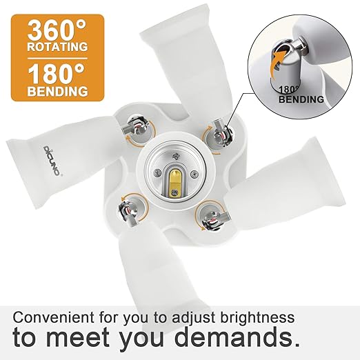 DiCUNO 5 in 1 E26 Light Socket Splitter Adapter, Standard Base LED Bulbs Converter, 360 Degrees Adjustable 180 Degree Bending, 5 Way Bulbs Socket Holder