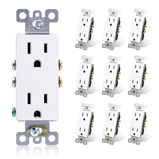 ELEGRP Decorator Receptacle, 15A 125V Standard Electrical Wall Outlet, 2 Pole 3 Wire, Non- Tamper Resistant, NEMA 5-15R, Self-Grounding Residential Grade Outlet, UL (Glossy White, 10 Pack)