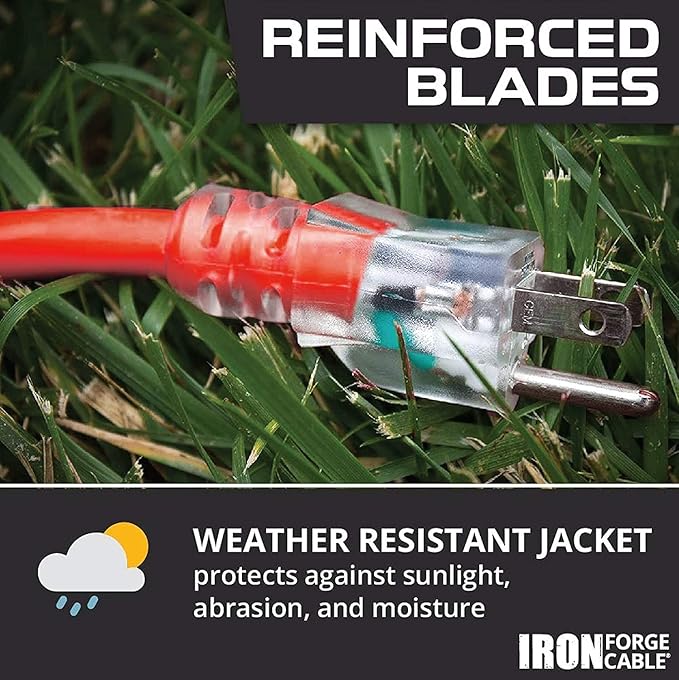 Iron Forge Cable Lighted Outdoor Extension Cord 50 ft - 14 Gauge 15 Amp Heavy Duty Power Extension Cords - SJTW - Great for Major Appliances, Power Tools, Garden Supplies - Red