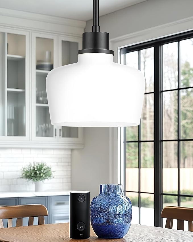 Emak Modern 10 Inch Milk Glass Pendant Lights Kitchen Island, Farmhouse Black Pendant Light Fixtures Large Hanging Lights for Kitchen, Dining Room, PL126-BK-ML