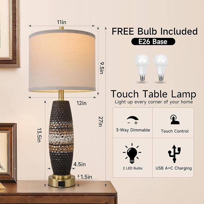 Terpsichore 3 Way Dimmable Farmhouse Table Lamps Bedroom Touch Bedside Lamp Modern Glazed Ceramic Lamp 2 Set with Fabric Shade,USB Type-C Port for Bedroom,Reading,Desk,Living Room,Office