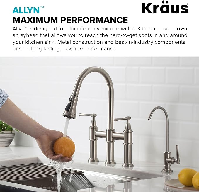 KRAUS Allyn Transitional Bridge Kitchen Faucet with Pull-Down Sprayhead in Spot Free Stainless Steel, KPF-3121SFS