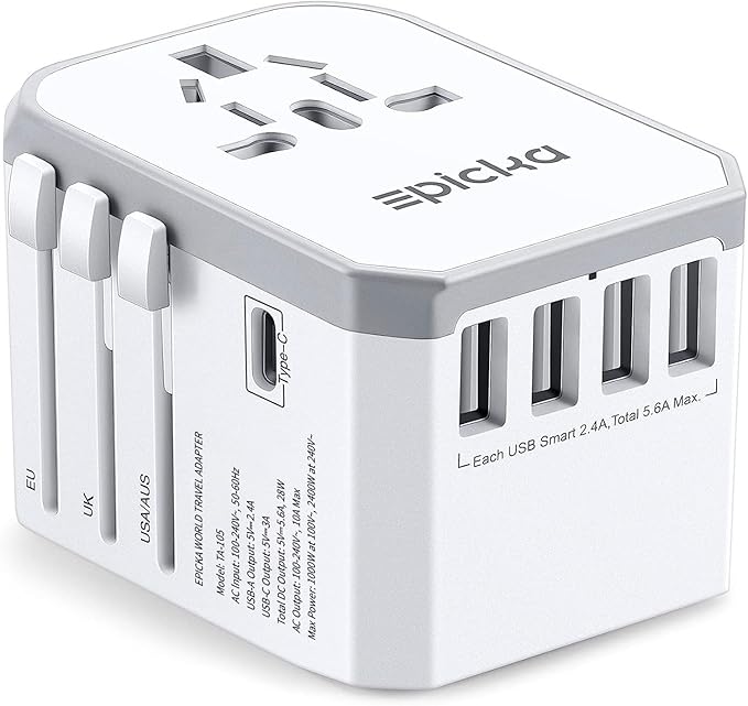 EPICKA Universal Travel Adapter, European Travel Plug Adapter - International Power Adapter Worldwide Charger with USB-C & 4 USB-A Ports, Travel Essentials for Italy, Japan, Europe, UK (TA-105, White)