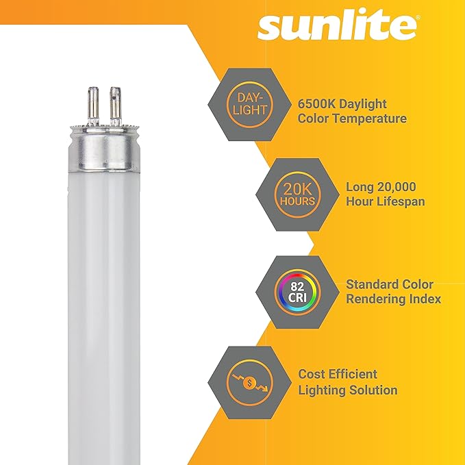 Sunlite 30395 F35T5/865 5 Foot T5 Linear Fluorescent Lamp, 35 Watts, 3100 Lumens, 6500K Daylight, Miniature G5 Bi-Pin Base, ROHS Compliant, High Performance Straight Tube, 40 Pack