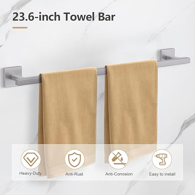 TQKAG 7-Pieces Brushed Nickel Bathroom Hardware Accessories Set 23.6" SUS304 Stainless Steel Towel Bar Set Toilet Paper Spare Rolls Storage Holder Wall Mounted