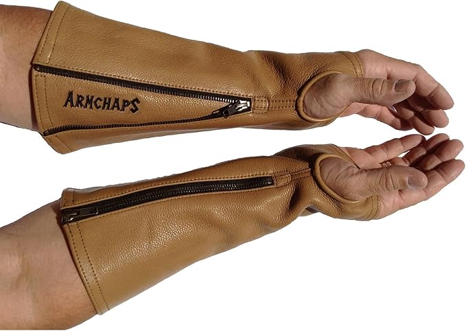 Arm Chaps Leather Protective Sleeves Arm Guard - Prevent Cuts, Scratches & Bruises - Genuine Cowhide - Ideal for Gardening & Construction - Left & Right Form-Fitting. Brown (1 Pair/XX-Small).