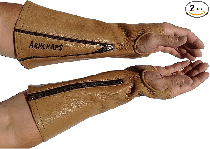 Arm Chaps Leather Protective Sleeves Arm Guard - Prevent Cuts, Scratches & Bruises - Genuine Cowhide - Ideal for Gardening & Construction - Left & Right Form-Fitting. Brown (1 Pair/Medium).
