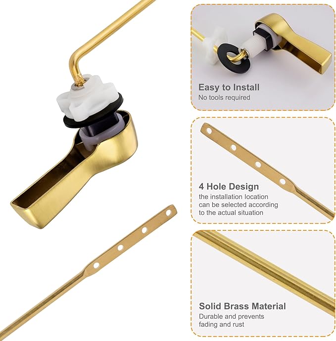 Hibbent Universal Metal Front Mount Toilet Handle Replacement Kit, Brass Toilet Flush Tank Lever with Stainless Steel Flapper Chains for Most Toilets, Brushed Gold Finish