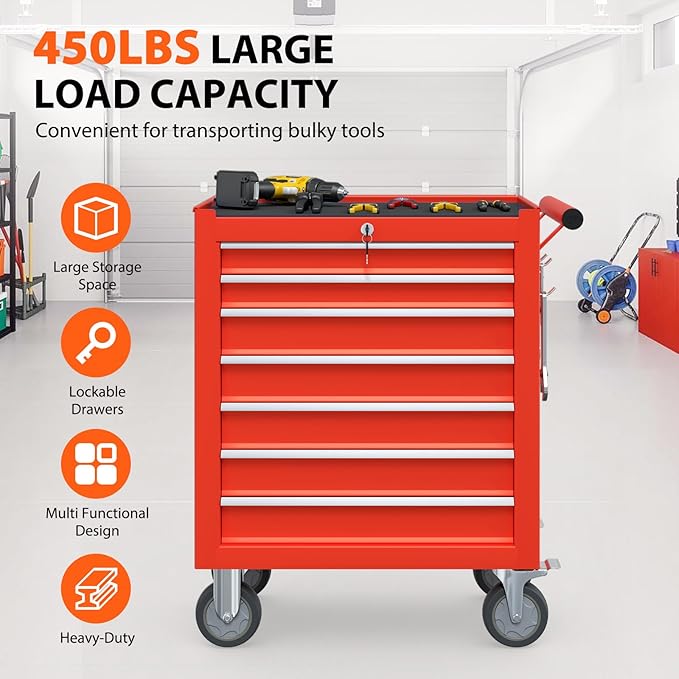 7-Drawer Rolling Tool Chest, Tool Box with 4 Wheels and Drawers, High Capacity Detachable Mobile Tool Storage Cabinet for Garage, Workshop, Mechanics and Repair Room (Red)
