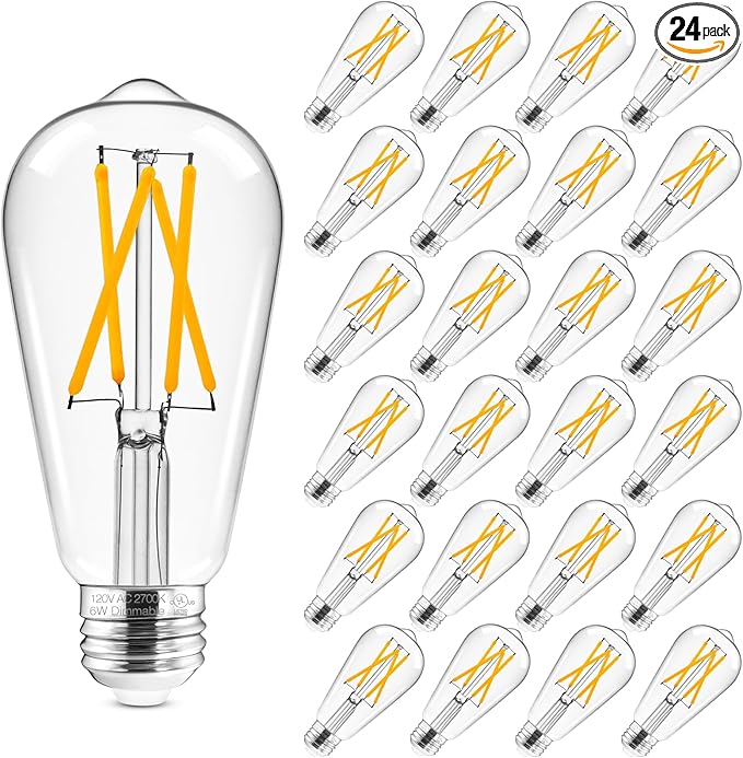 Hizashi Vintage Edison Bulb Dimmable, 6W Equivalent 60W, E26 Base LED Light Bulb, 2700k Warm White, 700LM, High CRI 95+ Eye Protection, Clear Glass, Pack of 24