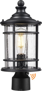 Emliviar 14.9 Inch Dusk to Dawn Outdoor Lamp Post Light, Black Pole Light Fixture with Photocell Sensor, Outdoor Post Lantern with Seeded Glass Shade, XE229P PC BK