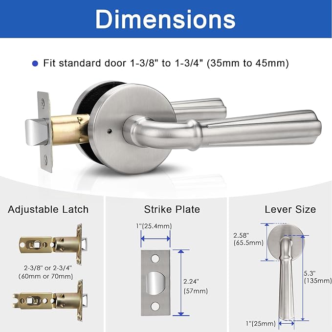 Orger 2 Pack Satin Nickel Privacy Door Lever Interior Door Handle with Lock, Keyless Bed Bath Door Handle Round Door Lever Reversible for Left & Right, Modern Privacy Door Lock Stainless Steel