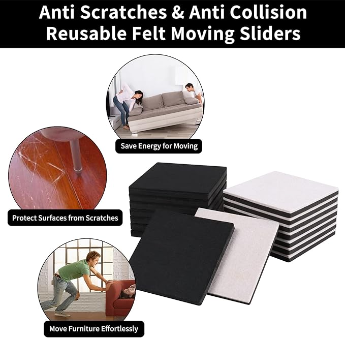 Ezprotekt 5" Square Felt Furniture Movers Sliders for Hardwood Floors, 8 Pcs Reusable Felt Furniture Moving Pads for Heavy Duty Bed Sofa Fridge Couch, Move Item Easily and Quickly (Black)