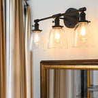 Phansthy 3-Light Wall Sconces Antique Brass Vanity Light, Industrial Wall Lamps with On Off Switch and Clear Glass Lampshade, Vintage Wall Lighting for Bathroom Living Room (Black, Bell Shade)