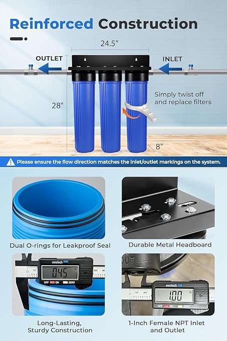 iSpring SGS-Tested Lead Removal Whole House Water Filter System w/ 3/4'' Push-Fit Stainless Steel Hoses, Reduces Arsenic, Cadmium, Mercury, Chlorine & up to 99% Lead, Model: WGB32B-CPB+AHPF12MNPT16X2