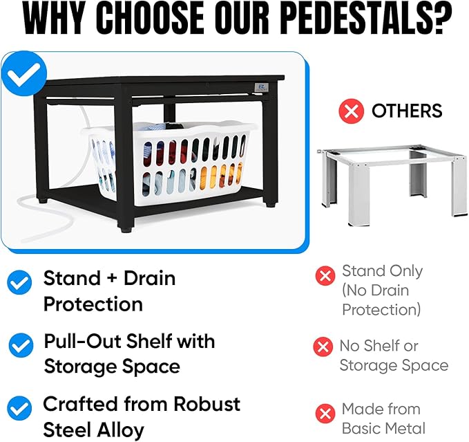 Washer and Dryer Pedestals with Pullout-Shelf - 29" W, 18" H, Black Steel Universal Fit with Major Brands | Laundry Pedestal with Drain Pan & Hose | Washer Stand for Back Pain Relief, 800 lbs Capacity