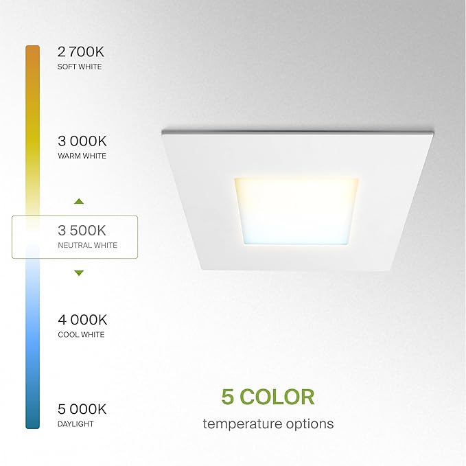 ASD 6 Pack LED Recessed Square Ceiling Light 4 Inch with Round Back, 5 CCT 2700K-5000K, Ultra-Thin Dimmable Wafer Lights with Junction Box, 12W 869LM, Canless Recessed Lighting, Slim LED Downlight, UL