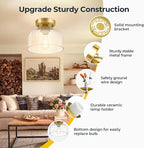 Semi Flush Mount Ceiling Light Brushed Gold - Clear Glass Pendant Lamp Shade, Modern Farmhouse Light Fixture for Hallway Corridor Kitchen Entryway Bedroom, Bulb Not Included