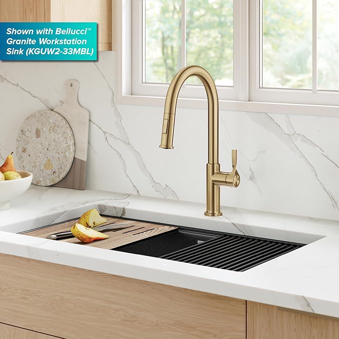 KRAUS Torak Pull Down Kitchen Faucet in Spot-Free Brushed Brass with 2 Function Sprayer, Pre-Attached Water Lines, and Mounting Hardware, KPF-2840SFBB