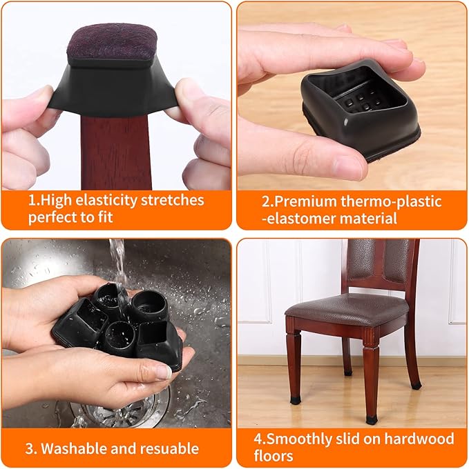 Ezprotekt 24 Pcs Black Square Chair Leg Floor Protectors with Felt, Silicone Felt Furniture Pads Cups for Hardwood Floor, Dining Table Leg Caps Covers No Scratches and Noise (M Fit: 0.75" - 1")