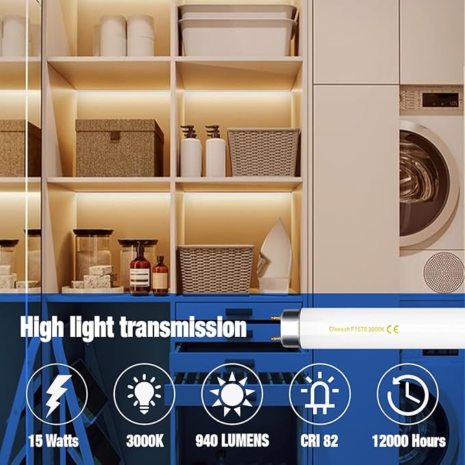 15W 18" T8 Fluorescent Linear Tube Bulb F15T8/WW Warm White Light 3000K Medium Bi-Pin G13 Base 12 Pack